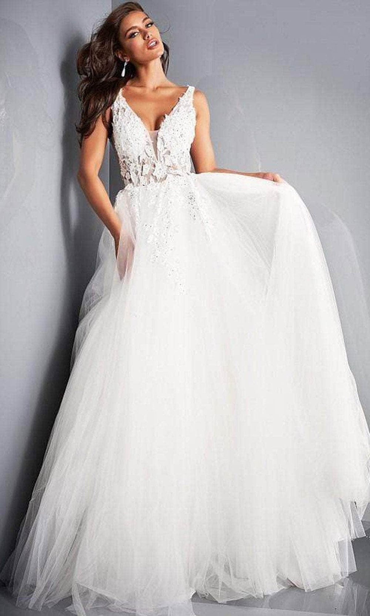 Jovani - 02840 Plunging Neck Floral Applique Tulle Ballgown