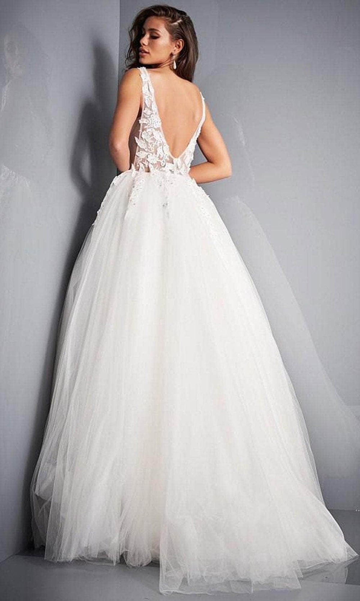 Jovani - 02840 Plunging Neck Floral Applique Tulle Ballgown