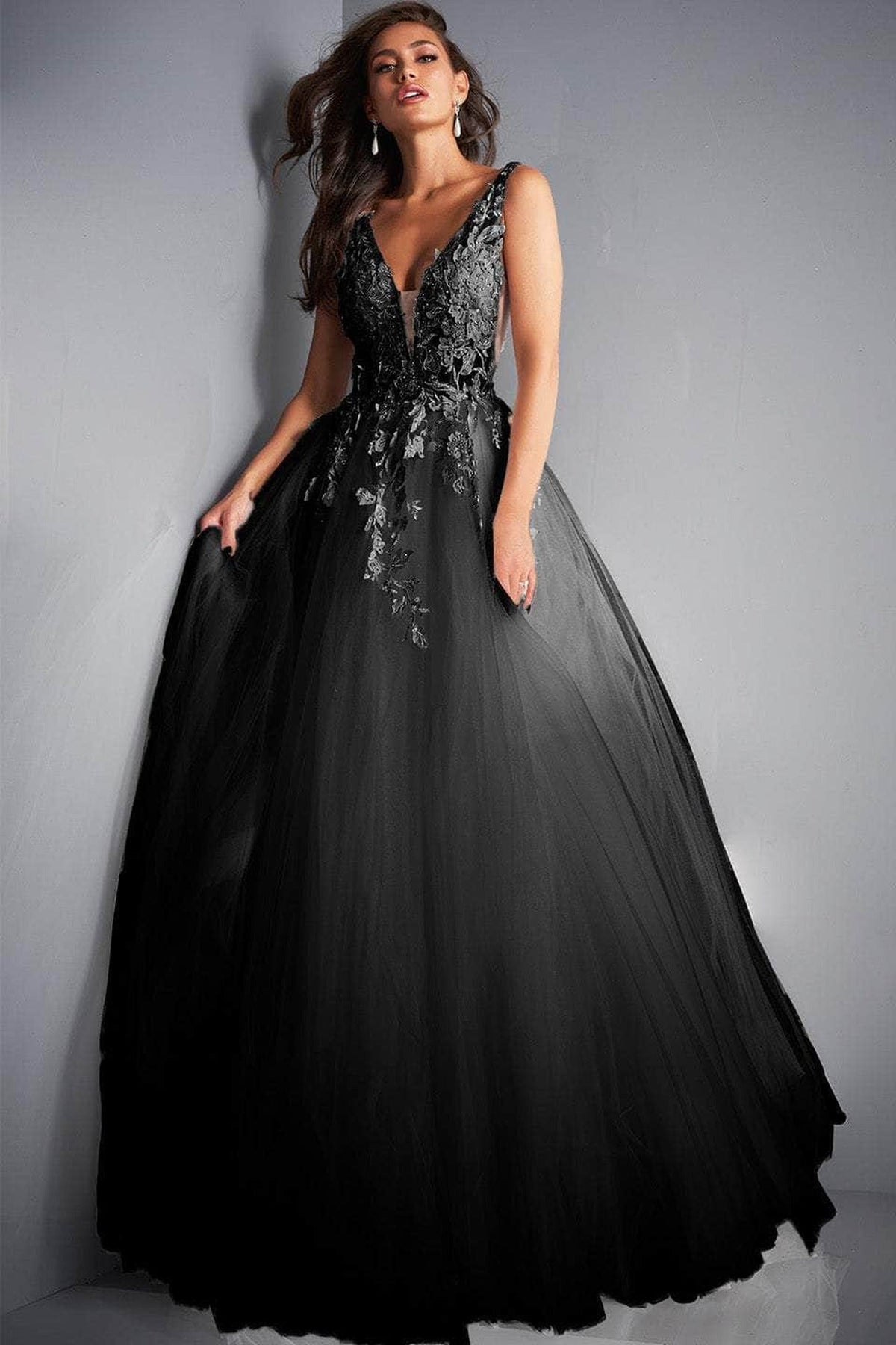 Jovani - 02840 Plunging Neck Floral Applique Tulle Ballgown - Orange - Main