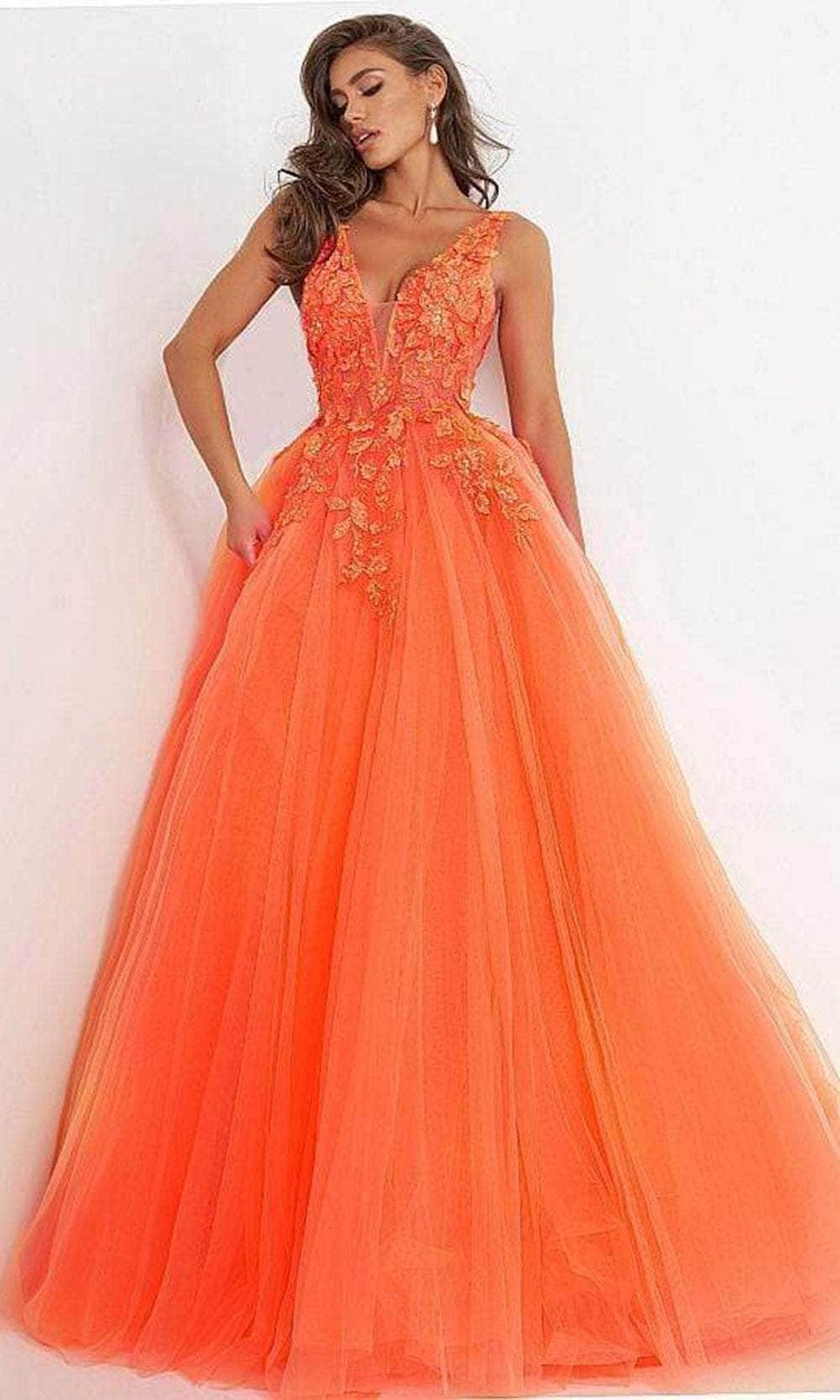 Jovani - 02840 Plunging Neck Floral Applique Tulle Ballgown