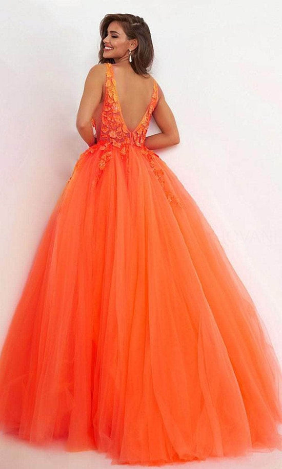 Jovani - 02840 Plunging Neck Floral Applique Tulle Ballgown