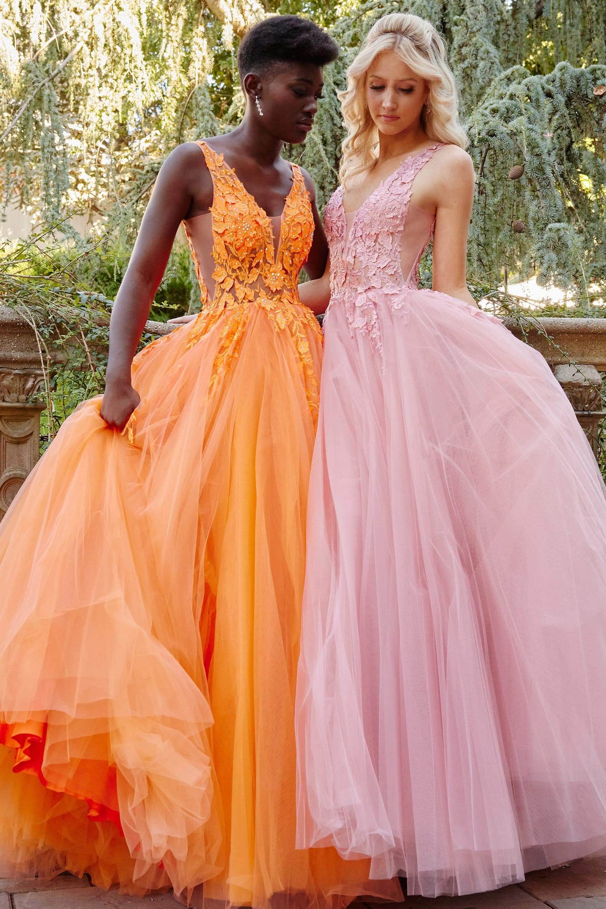 Jovani - 02840 Plunging Neck Floral Applique Tulle Ballgown