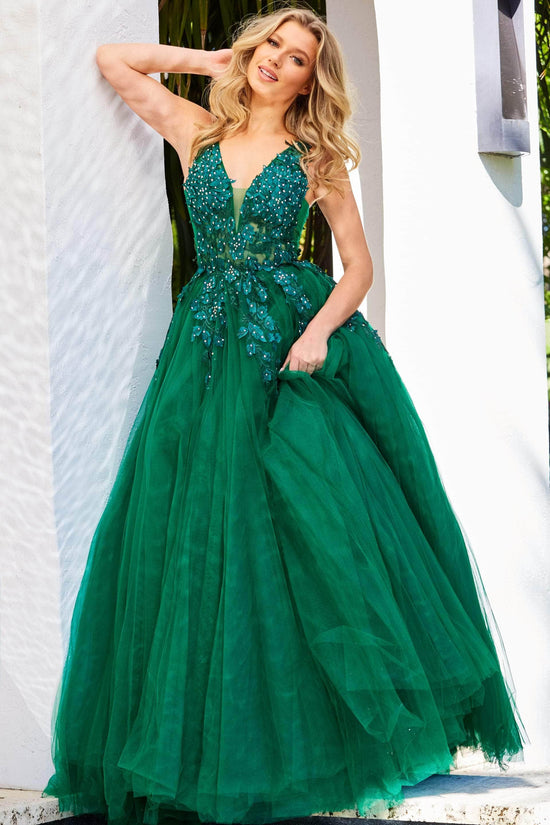 Jovani - 02840 Plunging Neck Floral Applique Tulle Ballgown