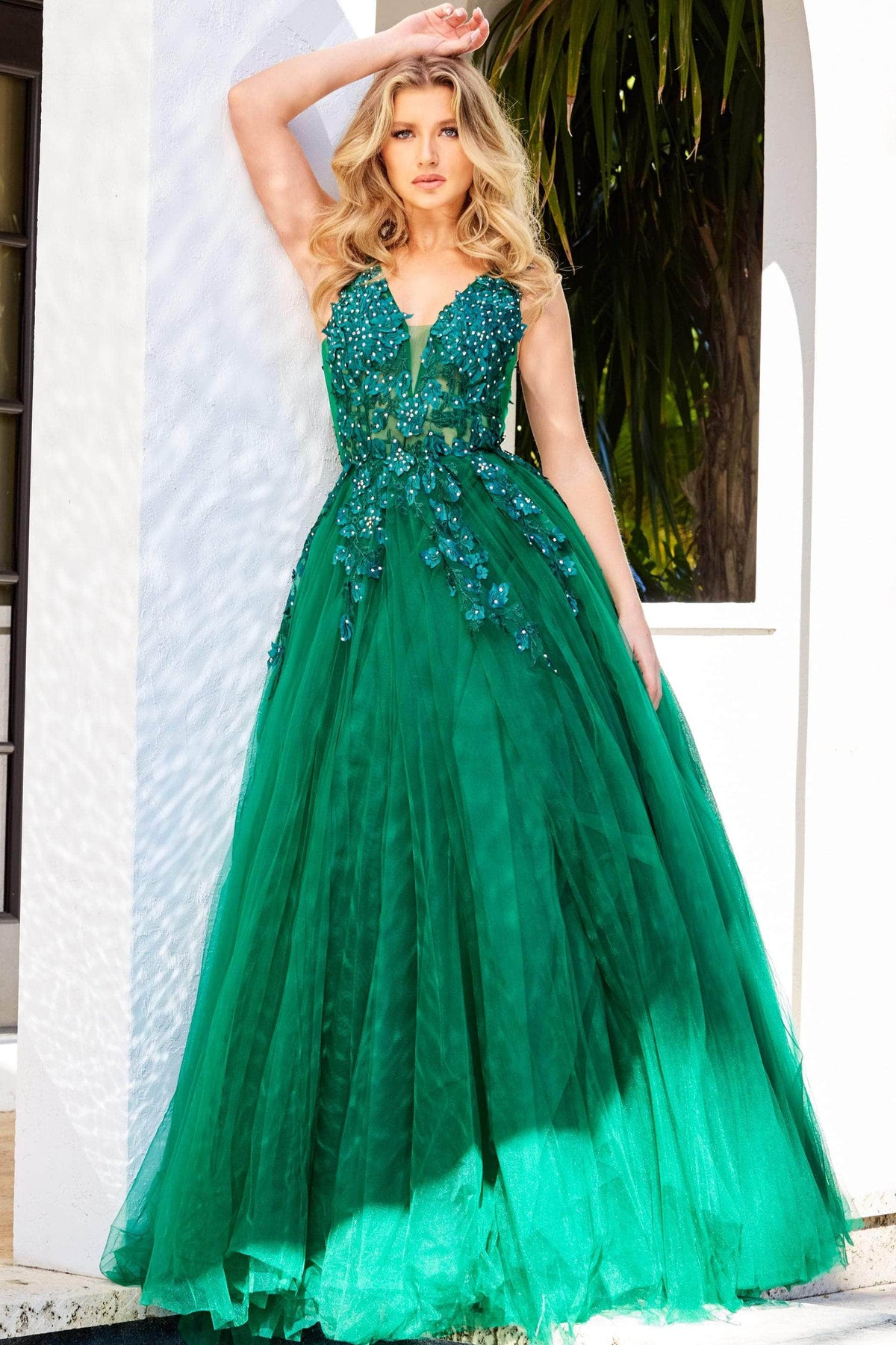 Jovani - 02840 Plunging Neck Floral Applique Tulle Ballgown