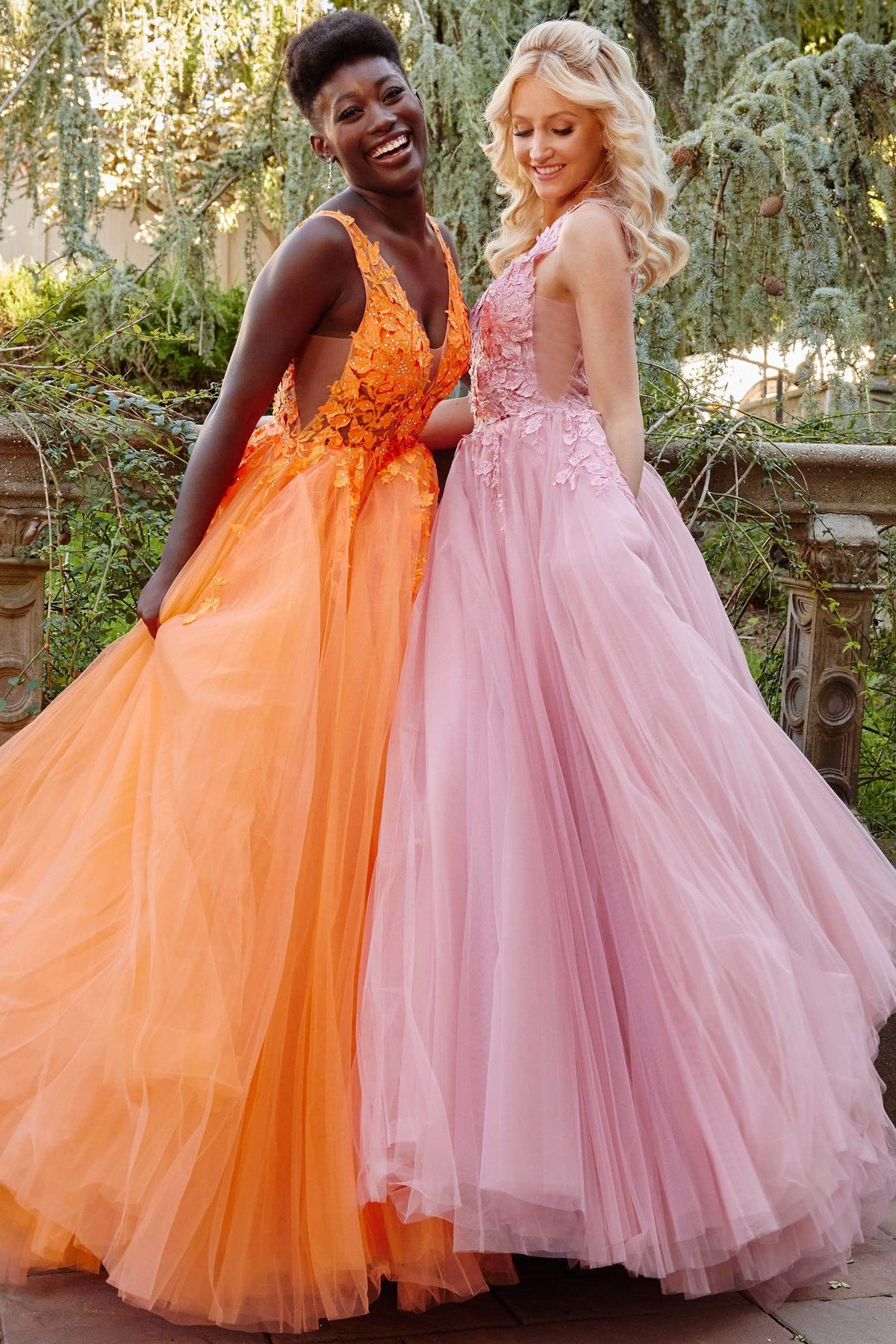 Jovani - 02840 Plunging Neck Floral Applique Tulle Ballgown