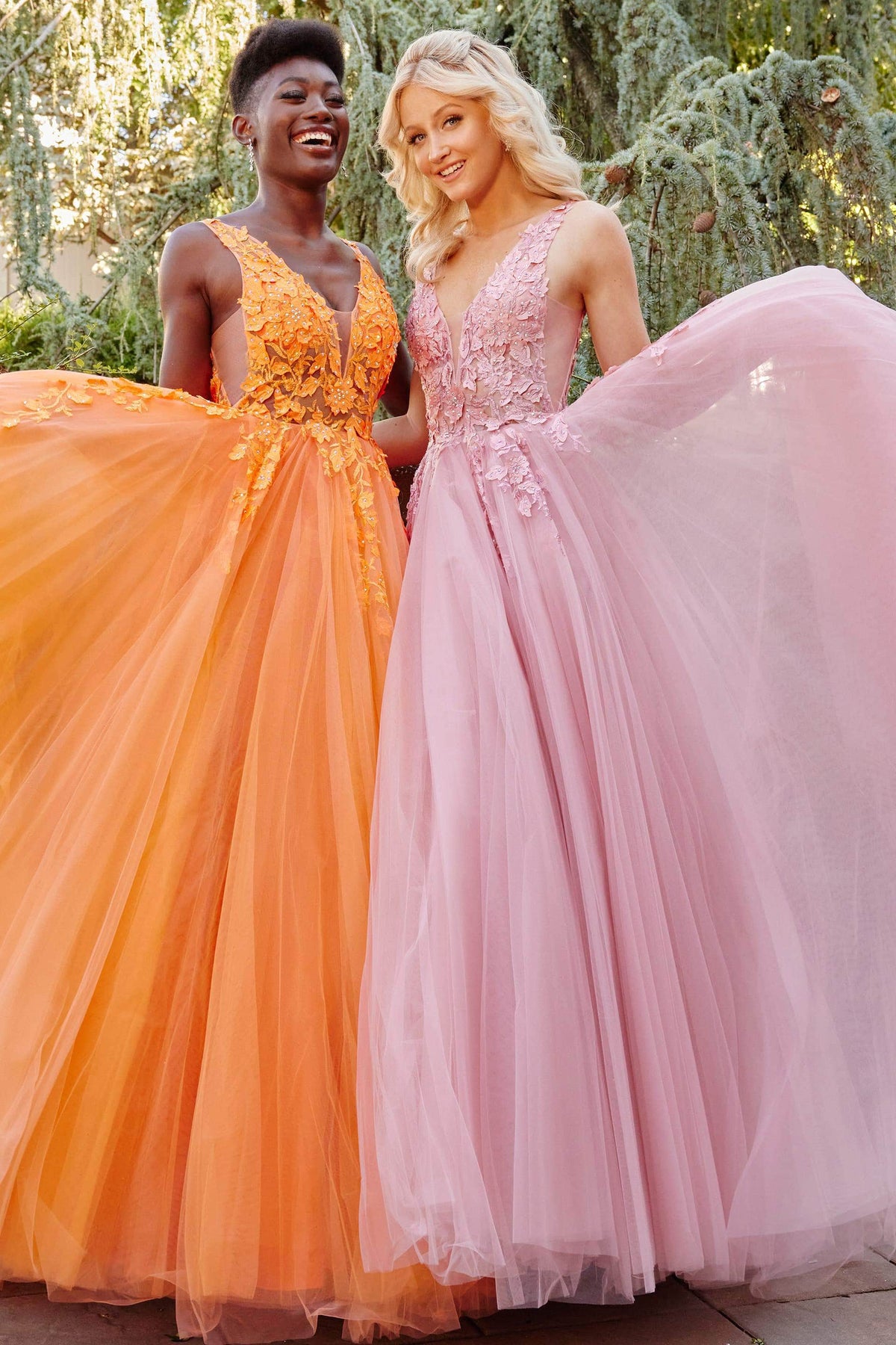 Jovani - 02840 Plunging Neck Floral Applique Tulle Ballgown