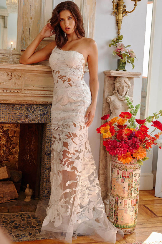 Jovani - 02895 One Shoulder Illusion Simple Prom Mermaid Gown - White - Main