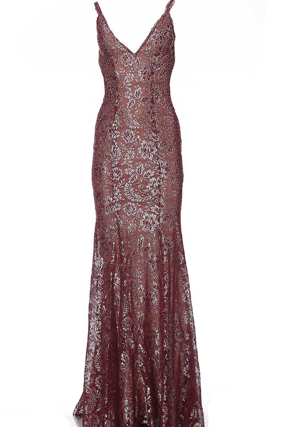 Jovani - 02906 Backless Metallic Lace Mermaid Gown