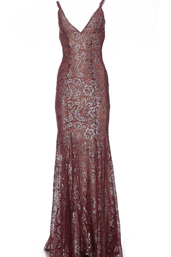 Jovani - 02906 Backless Metallic Lace Mermaid Gown