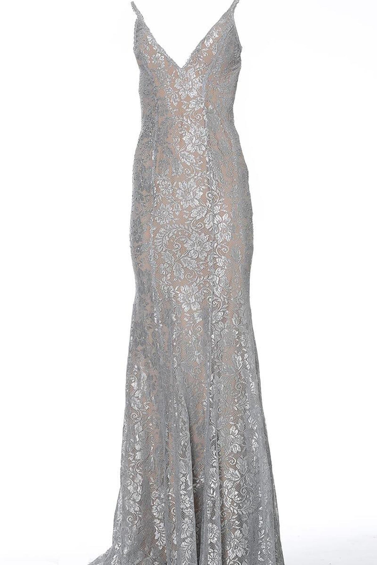 Jovani - 02906 Backless Metallic Lace Mermaid Gown