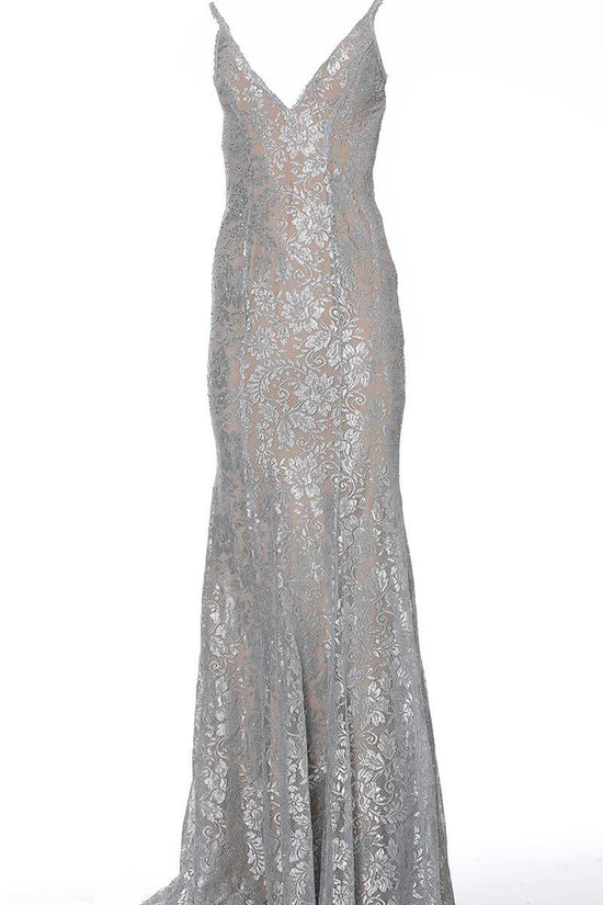 Jovani - 02906 Backless Metallic Lace Mermaid Gown