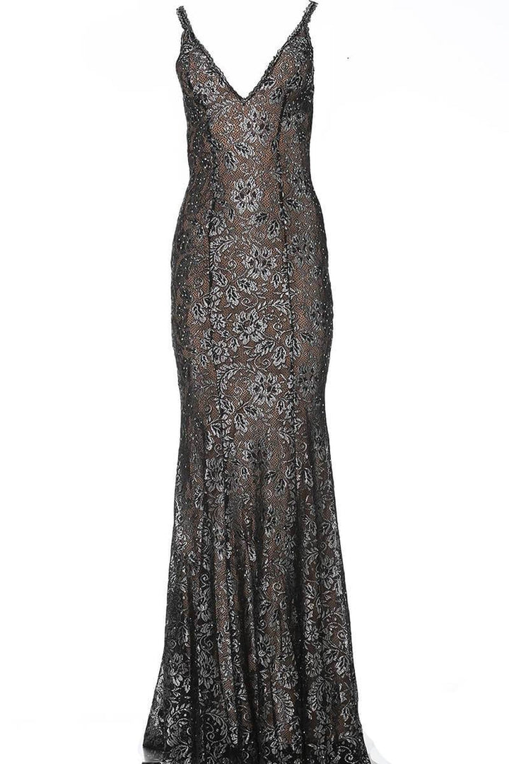 Jovani - 02906 Backless Metallic Lace Mermaid Gown - Navy/Silver - Main