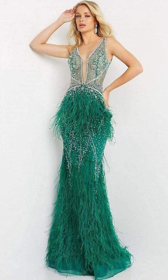 Jovani - 03023 Sheer Bodice Beaded Adorned Feather Fitted Evening Gown