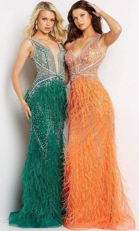 Jovani - 03023 Sheer Bodice Beaded Adorned Feather Fitted Evening Gown
