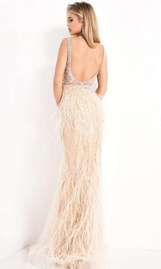 Jovani - 03023 Sheer Bodice Beaded Adorned Feather Fitted Evening Gown