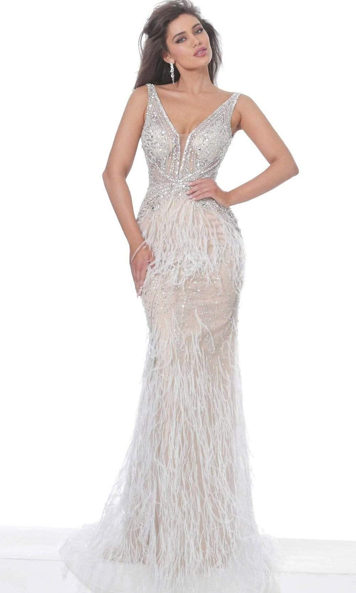 Jovani - 03023 Sheer Bodice Beaded Adorned Feather Fitted Evening Gown