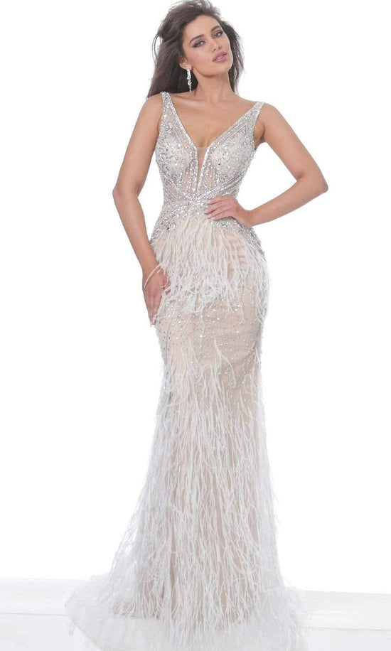 Jovani - 03023 Sheer Bodice Beaded Adorned Feather Fitted Evening Gown
