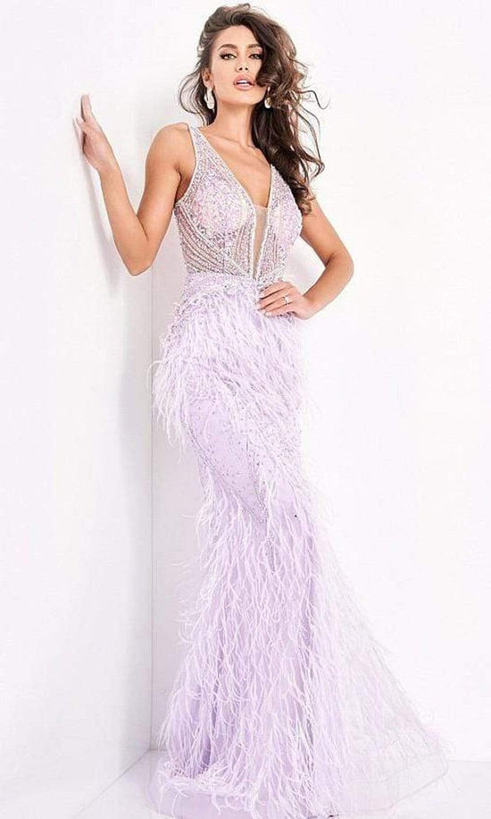 Jovani - 03023 Sheer Bodice Beaded Adorned Feather Fitted Evening Gown