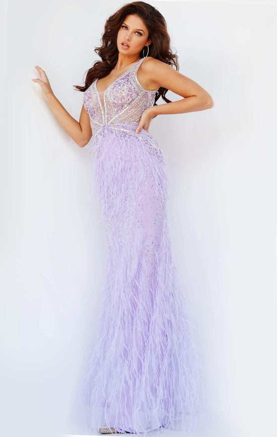 Jovani - 03023 Sheer Bodice Beaded Adorned Feather Fitted Evening Gown