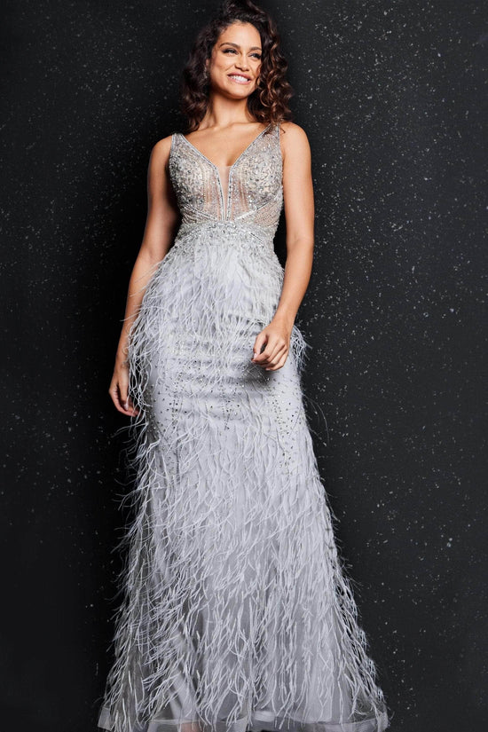 Jovani - 03023 Sheer Bodice Beaded Adorned Feather Fitted Evening Gown
