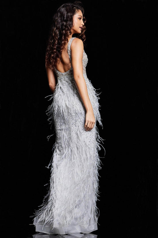 Jovani - 03023 Sheer Bodice Beaded Adorned Feather Fitted Evening Gown