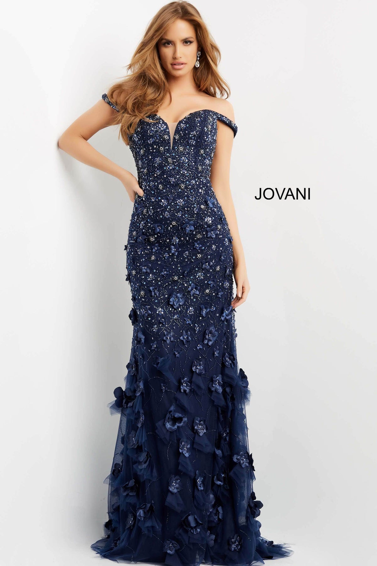 Jovani - 03191 Floral Appliques Off Shoulder Fitted Evening Dress - Navy - Main
