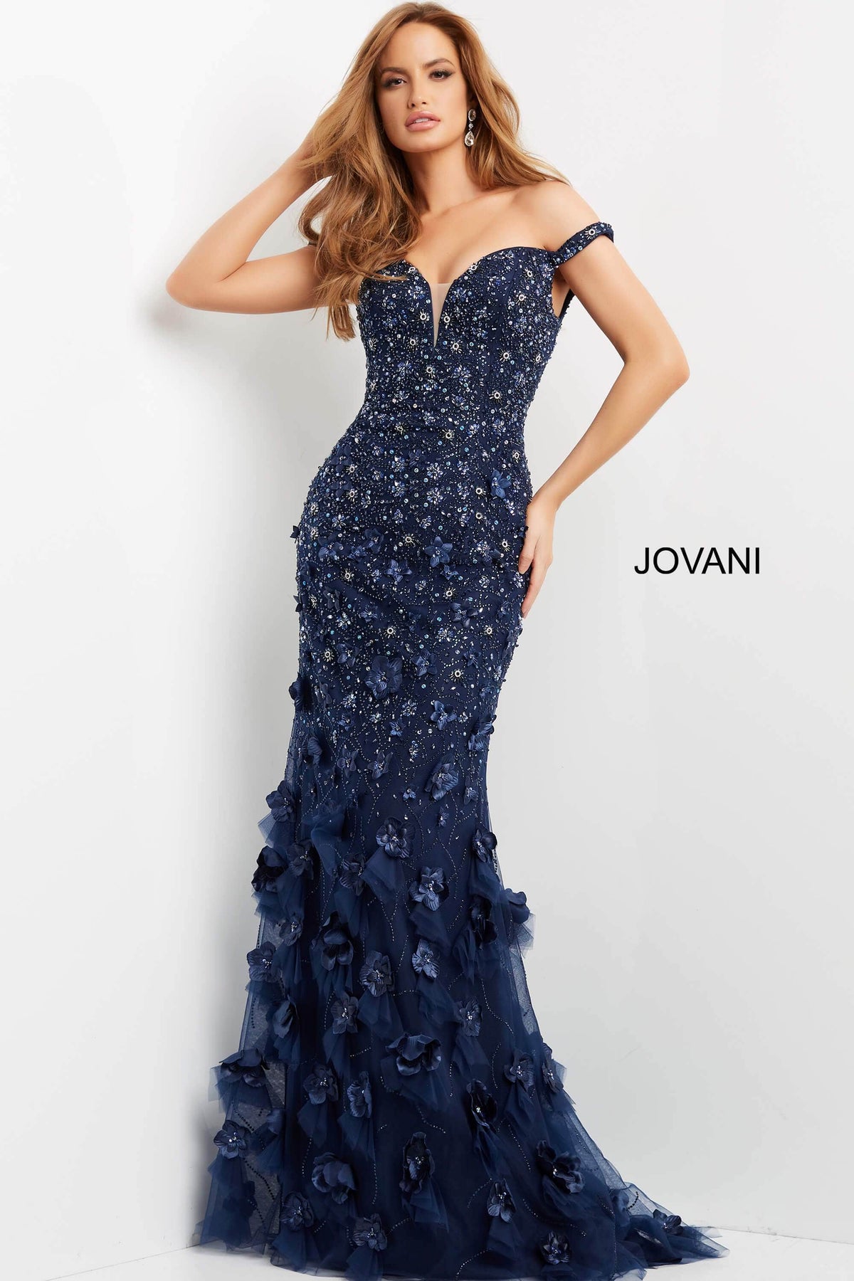 Jovani - 03191 Floral Appliques Off Shoulder Fitted Evening Dress