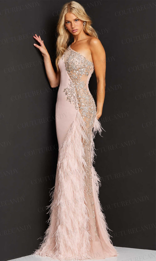 Jovani - 03389 Asymmetric Beaded Sheer Trumpet Gown