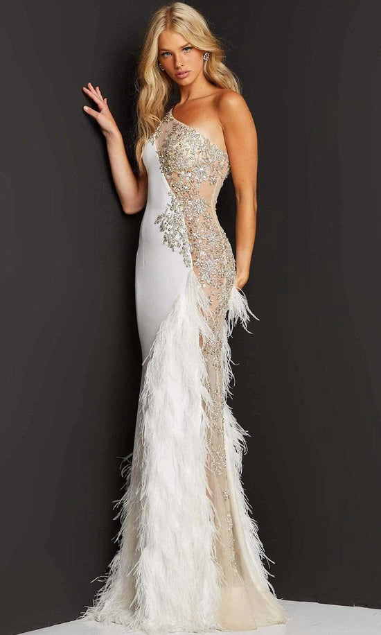 Jovani - 03389 Asymmetric Beaded Sheer Trumpet Gown - Off-White/Nude - Main