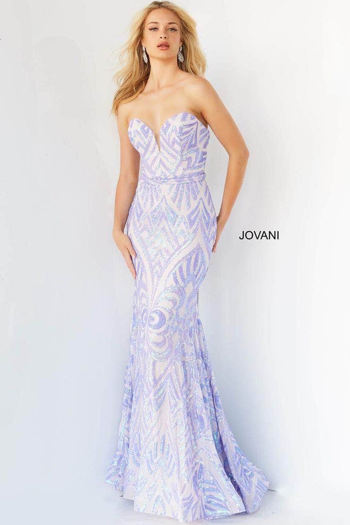 Jovani - 03445 Strapless Plunging Sweetheart Neck Sequin Gown - Lilac/ Nude - Main