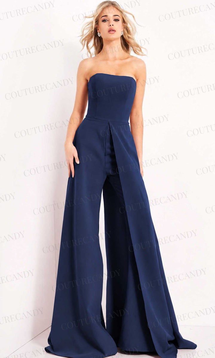 Jovani - 03529 Strapless Wide Leg Formal Evening Jumpsuit With Overlay