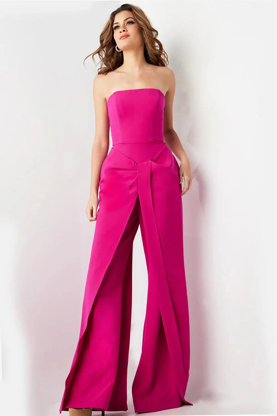 Jovani - 03828 Strapless Straight Neck Wide Leg Evening Jumpsuit - Fuchsia - Main