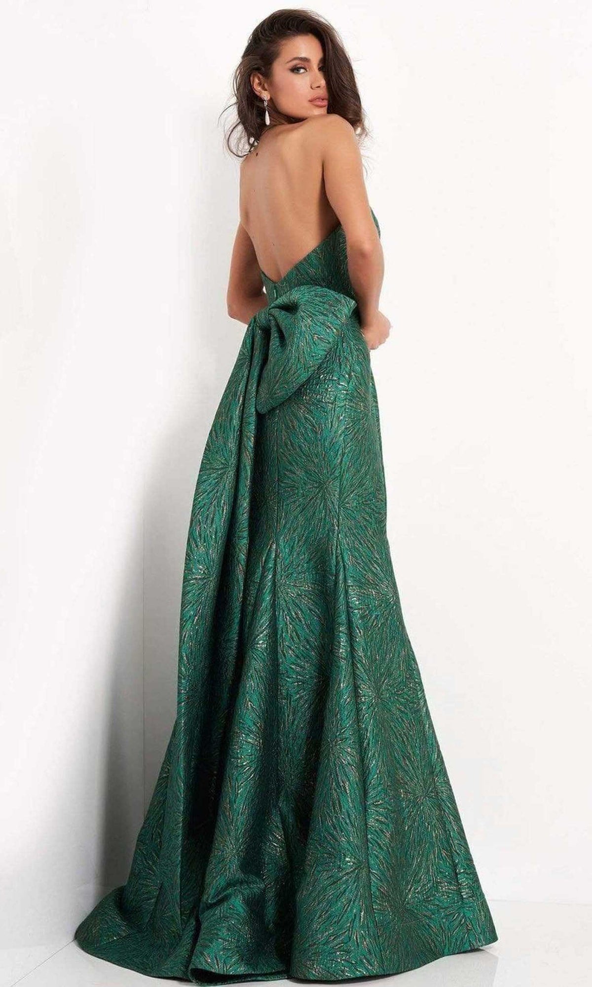 Jovani - 04158 Strapless Bow Accent Open Back Jacquard Evening Dress