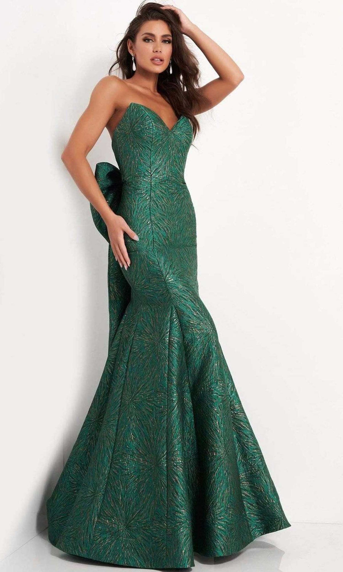 Jovani - 04158 Strapless Bow Accent Open Back Jacquard Evening Dress - Green - Main