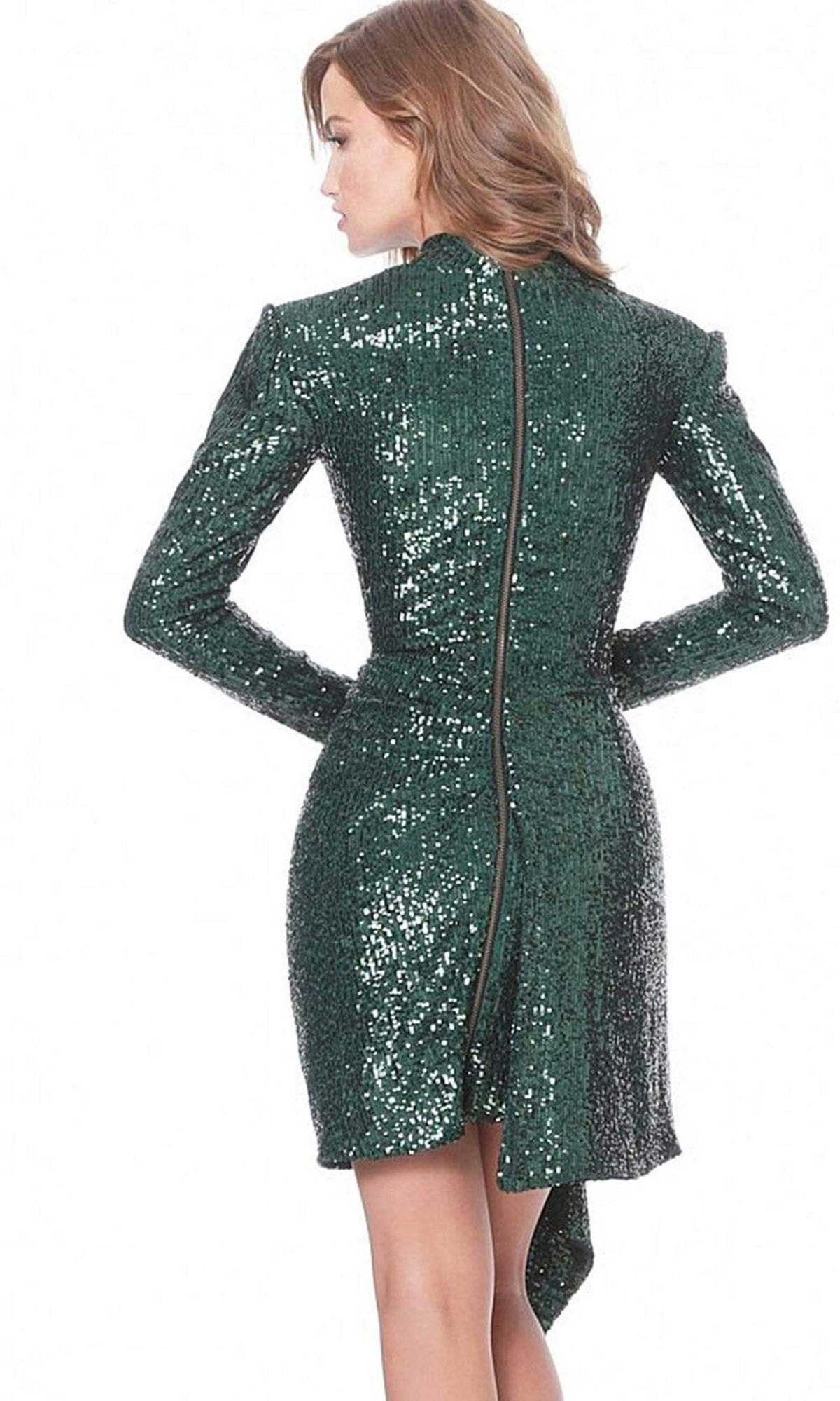 Jovani - 04270 Full Sequin Long Sleeve Drape Accent Cocktail Dress