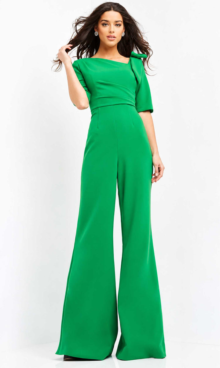 Jovani - 04284 Bow Shoulder Asymmetric Jumpsuit - Emerald - Main