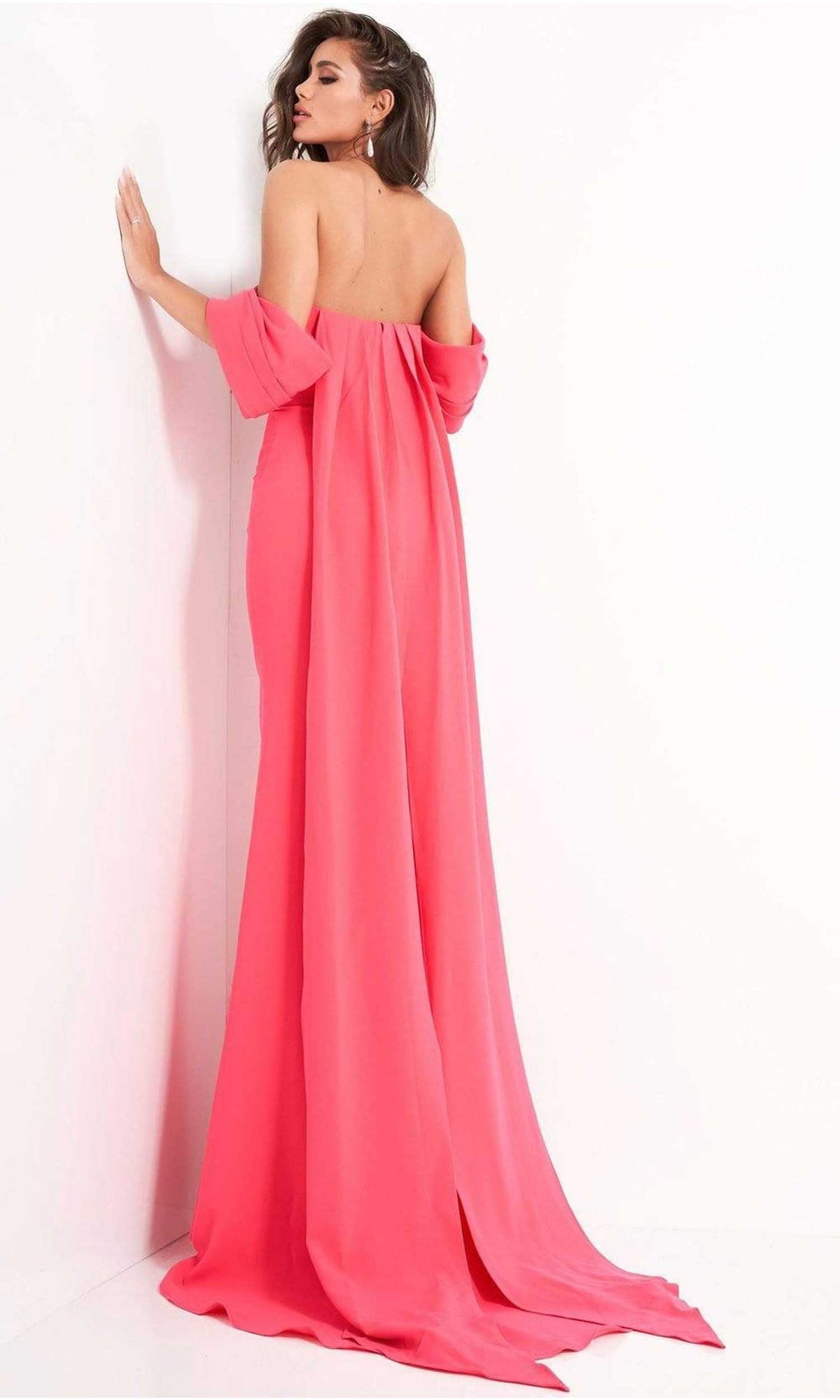 Jovani - 04350 Off Shoulder Crepe Evening Dress With Long Cape