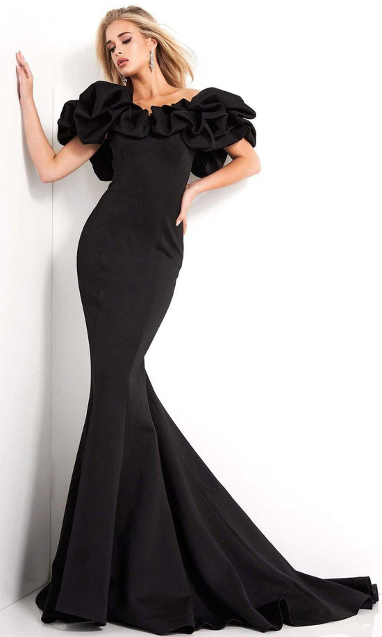 Jovani - 04368 Ruffled Off Shoulder Scuba Mermaid Evening Dress - Black - Main