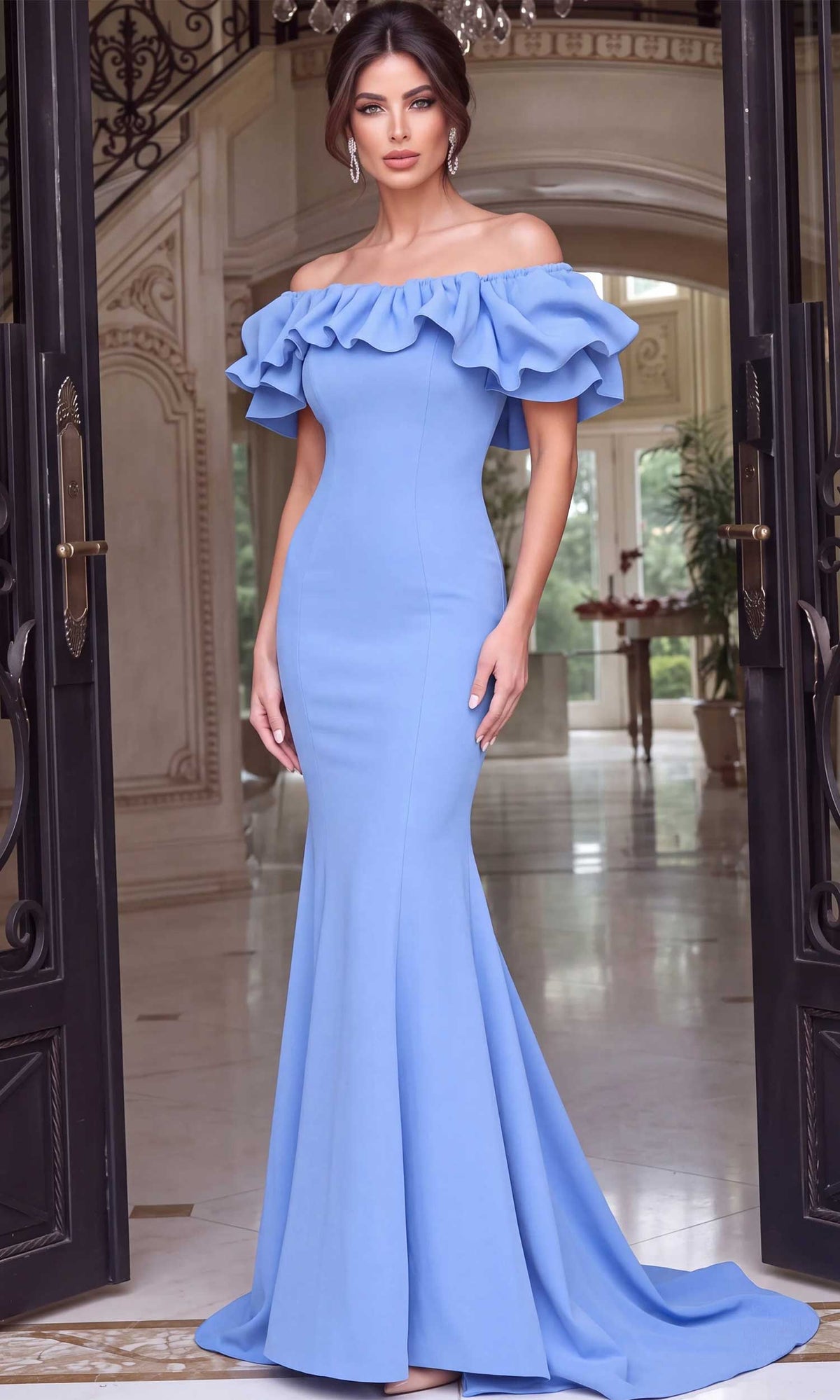 Jovani - 04368 Ruffled Off Shoulder Scuba Mermaid Evening Dress