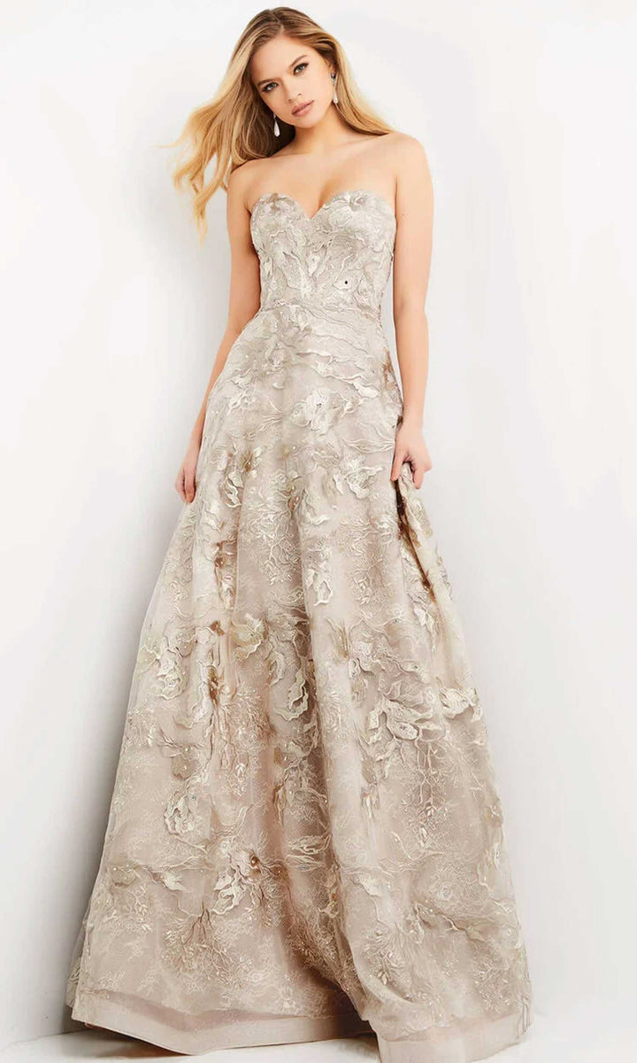 Jovani - 04441 Strapless Embroidered Floral Long Gown - Champagne - Main