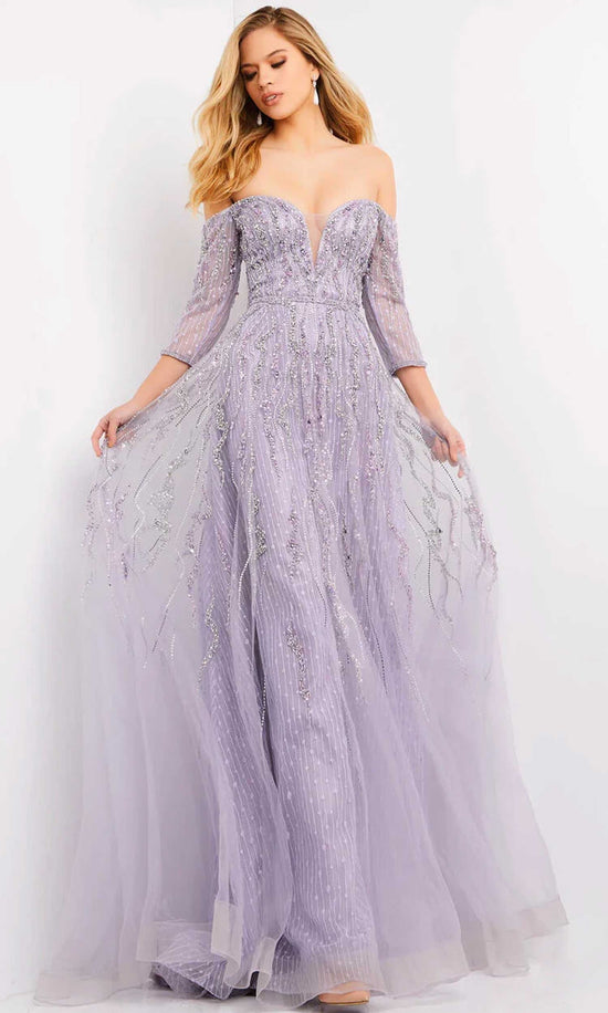 Jovani - 04632 Enchanting Beaded Off Shoulder Gown - Purple - Main