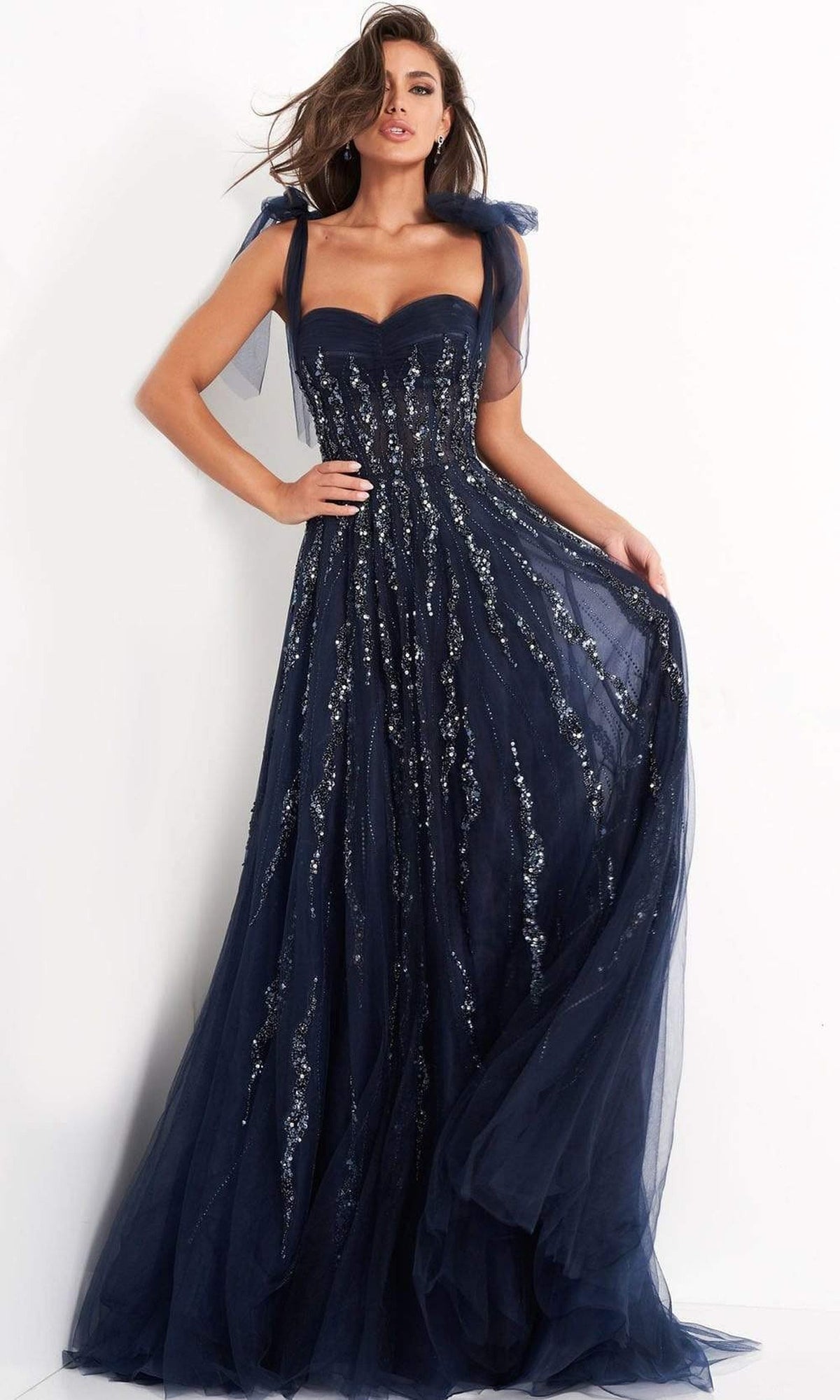 Jovani - 04634 Tie Shoulder Beaded Sweetheart A-Line Gown - Emerald - Main