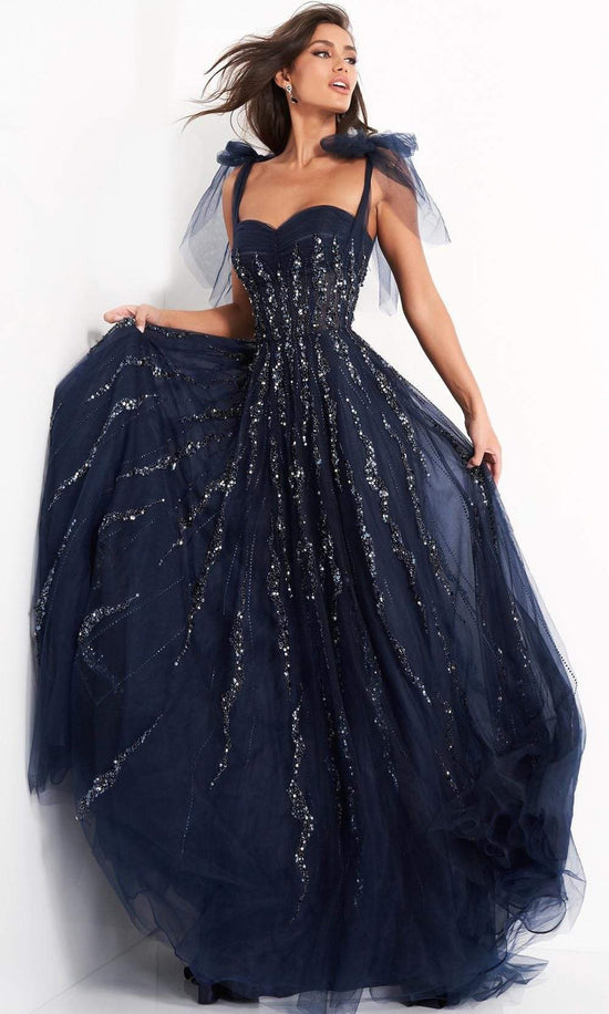 Jovani - 04634 Tie Shoulder Beaded Sweetheart A-Line Gown