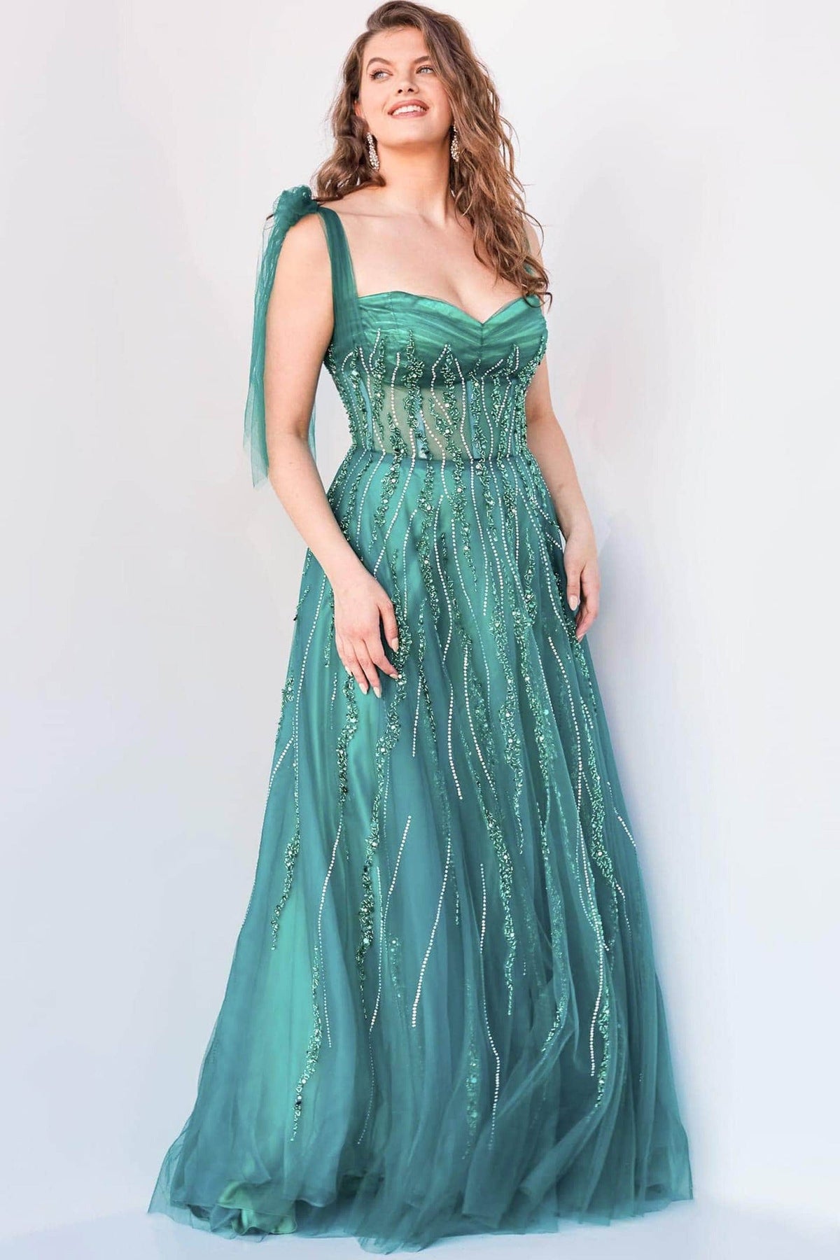 Jovani - 04634 Tie Shoulder Beaded Sweetheart A-Line Gown - Emerald - Main