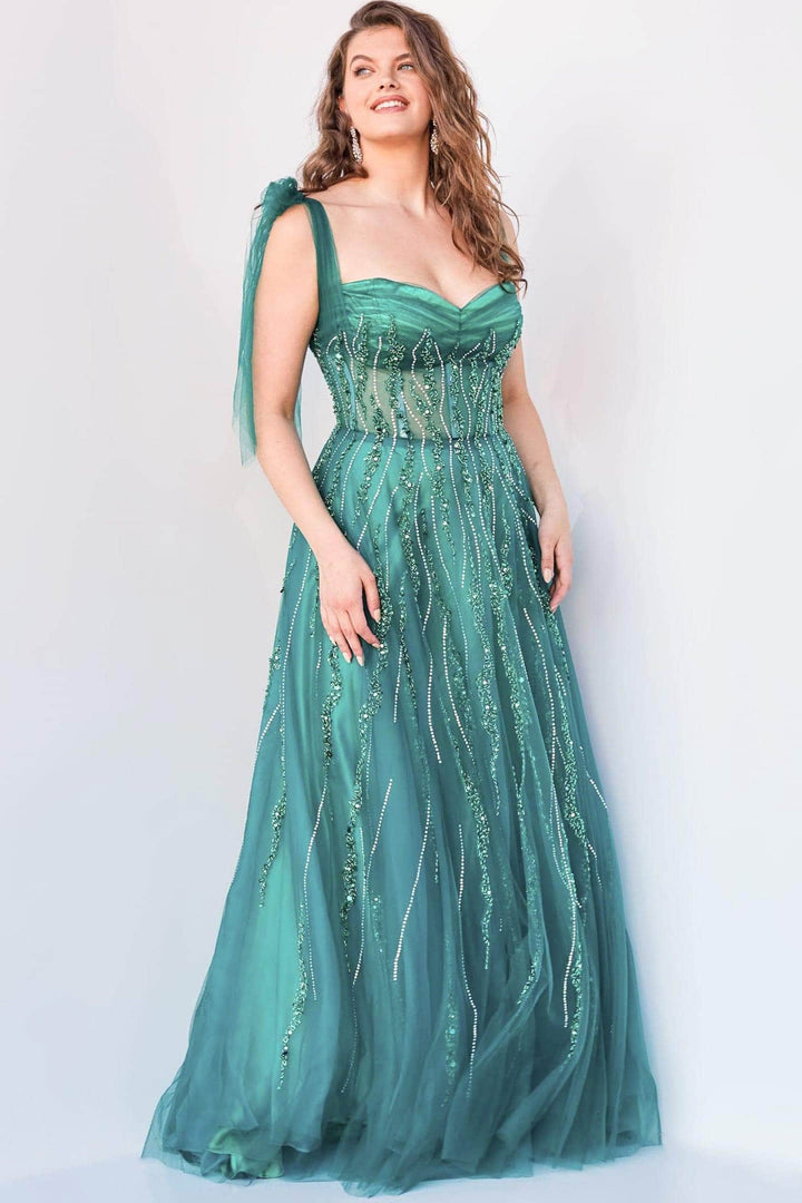 Jovani - 04634 Tie Shoulder Beaded Sweetheart A-Line Gown - Emerald - Main