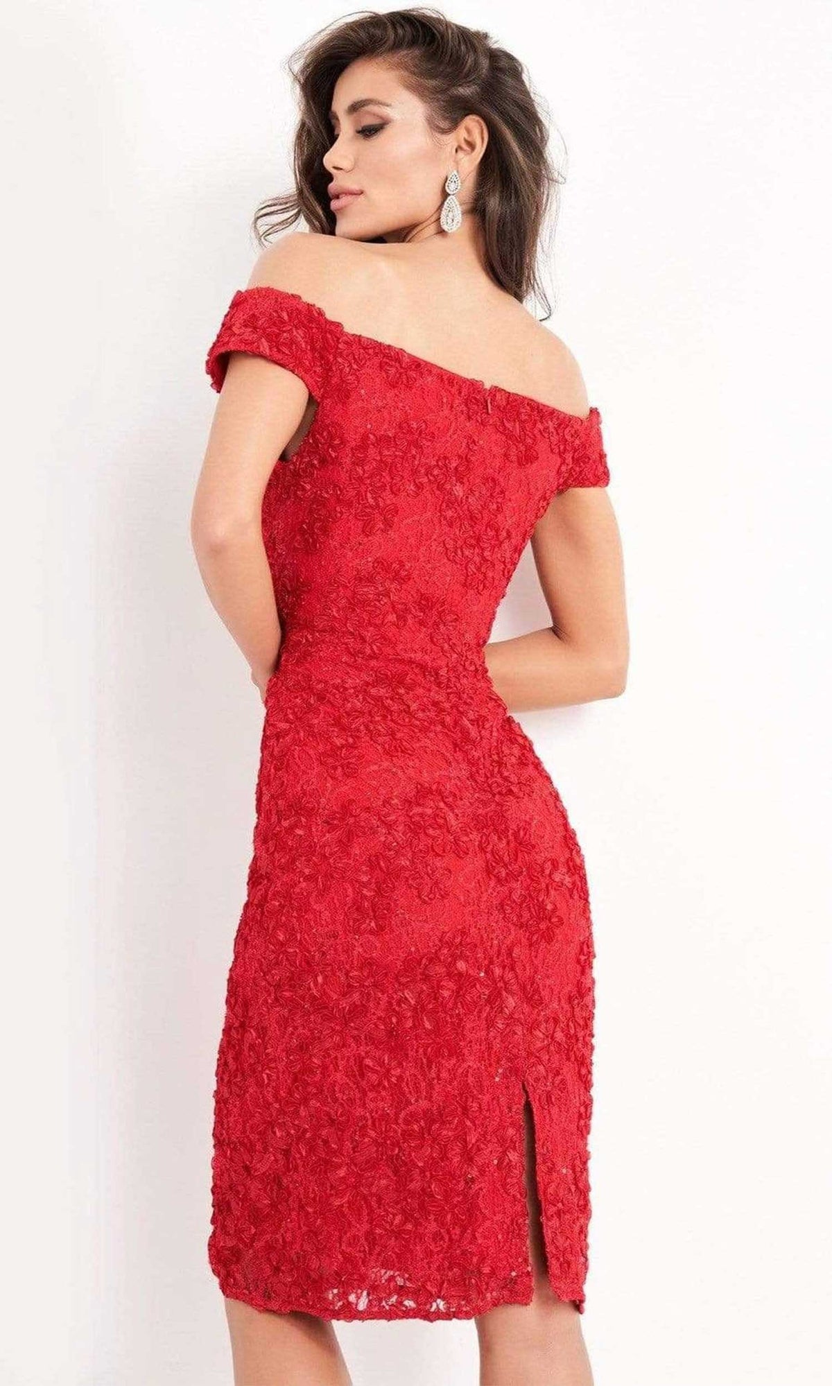 Jovani - 04763 Off-Shoulder Textured Lace Sheath Knee-Length Dress