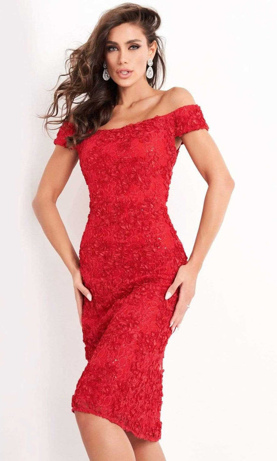 Jovani - 04763 Off-Shoulder Textured Lace Sheath Knee-Length Dress - Red - Main