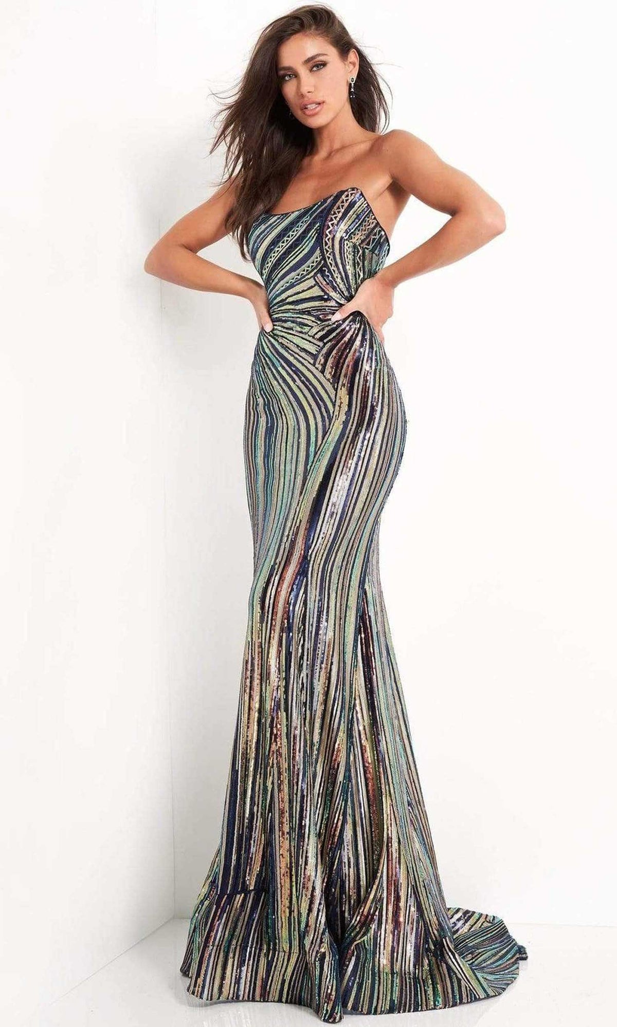 Jovani - 04810 Strapless Geometric Sequined Dress - Black/Multi - Main