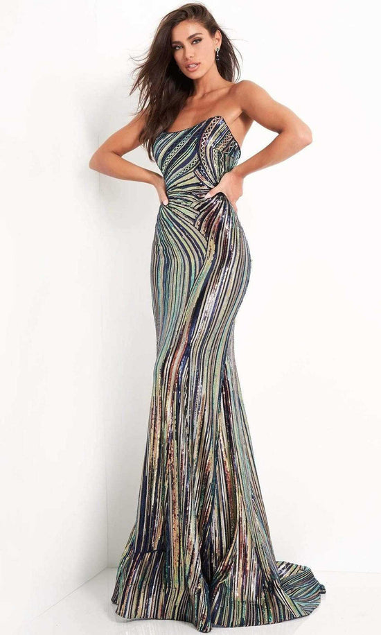 Jovani - 04810 Strapless Geometric Sequined Dress - Black/Multi - Main