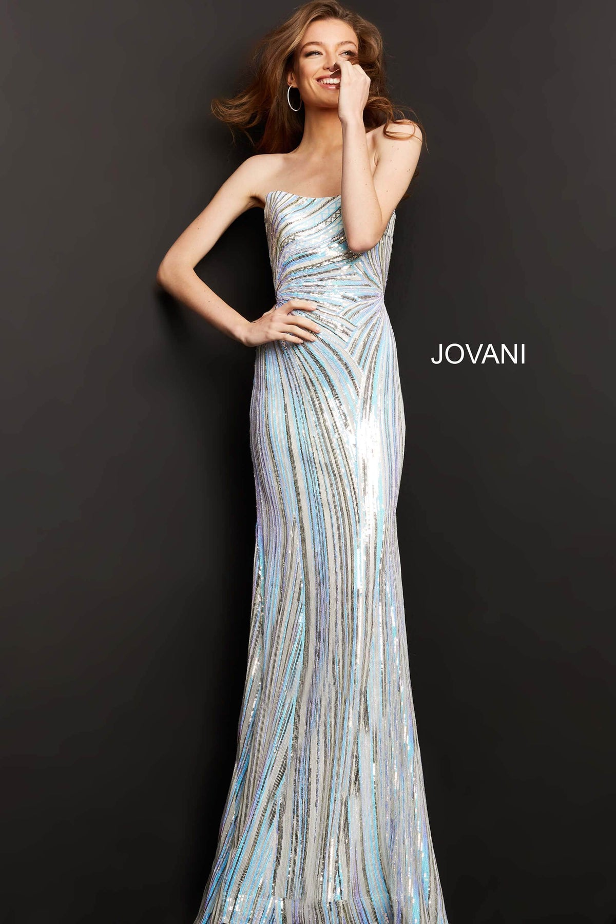 Jovani - 04810 Strapless Geometric Sequined Dress